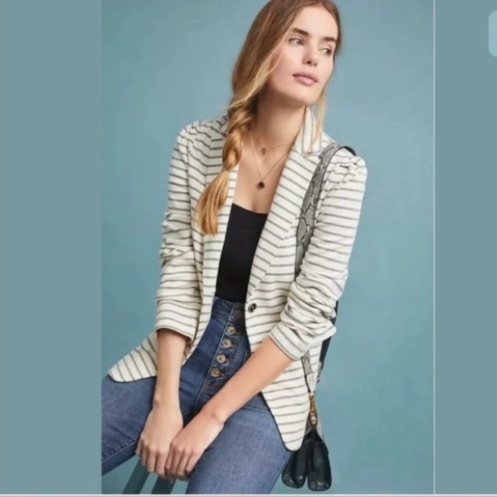 Anthropologie Francoise Cream & Gray Striped Knit Blazer Soft Girl Tailored Chic